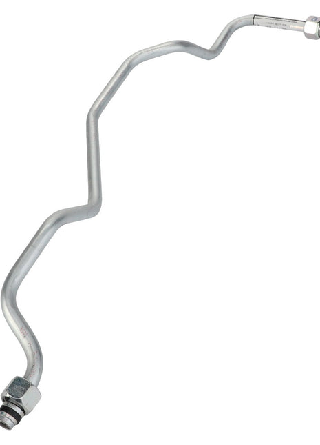 A metallic, S-shaped automotive brake line with attached fittings at both ends, designed for fluid transfer in braking systems. The AGCO Pipe - Acw051375A by AGCO ensures reliable performance and safety in your vehicle's braking system.