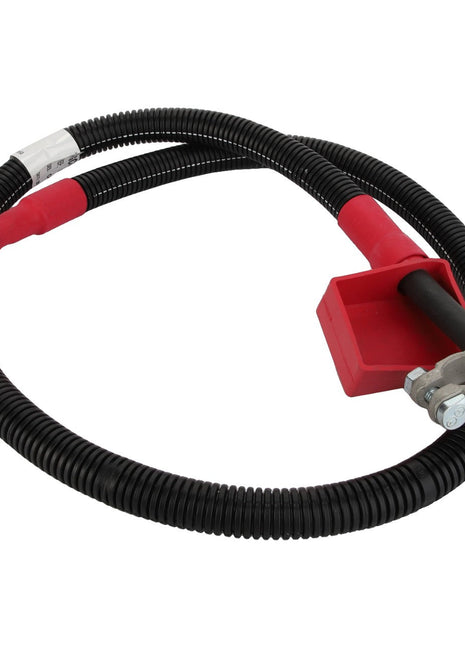 A flexible black AGCO cable with red coverings at the ends and a durable metal clamp attachment, product number D28785946.