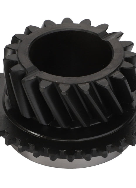 The AGCO | PINION GEAR - V30310210 is a black metal gear with interlocking teeth, expertly crafted for precise mechanical transmission.