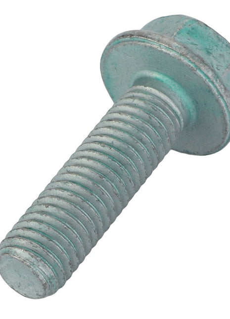 A close-up of an AGCO Hex Flange Capscrew (F530200410050) with a partially threaded shank and a flat washer-like flange. The capscrew has a slightly worn, metallic surface with a greenish tint. No current product description available for this item.