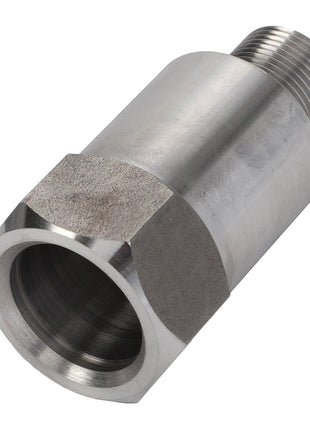 Close-up of a metal pipe connector from AGCO called BOLT - D28380016, featuring a hexagonal base and threaded end for joining piping systems. The surface showcases a combination of smooth and textured finishes.