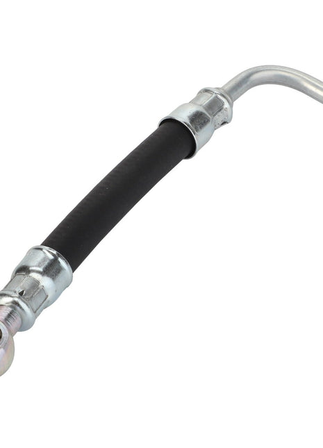 The AGCO Hose - V836136381, a black hydraulic hose with silver metal fittings on both ends, features a curved end and a circular eyelet. Despite its pristine design, there is no product description available to extract keywords from.