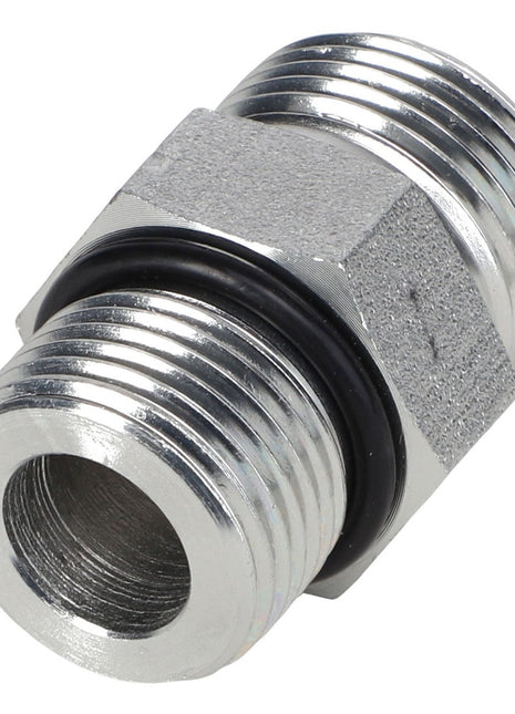 The AGCO ADAPTER FITTING - CH148-8327 is a straight metal hydraulic fitting featuring threaded connectors on both ends and equipped with a rubber male O-ring in the middle.