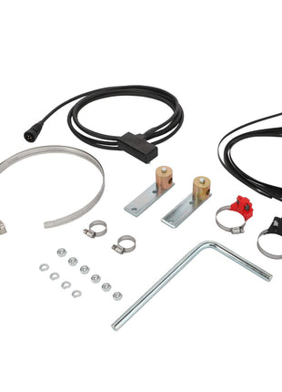 Assorted hardware related to the AGCO | SENSOR - AG710366, including a wiring harness, hose clamps, metal brackets, cable ties, screws, and an L-shaped metal bar, arranged on a white background. No current product description information is available.