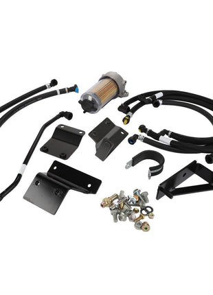 Here's the revised sentence with the given product data:

The AGCO Fuel Filter Kit (model Acx2706160) laid out on a white background showcases a comprehensive assembly kit featuring various auto parts, including hoses, brackets, fittings, a filter, and mounting hardware. No current product description information available.