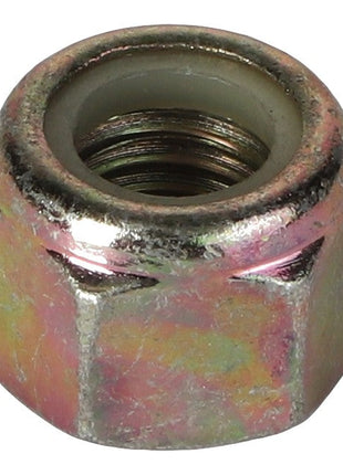 Close-up image of the AGCO Nut - Va022413, a metallic hex nut featuring internal threading and a nylon insert. No current product description available.