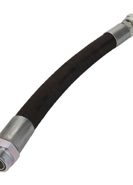 The AGCO | Hydraulic Hose - Acw0680560 is a flexible, black rubber hose designed with silver metal fittings on both ends, ideal for hydraulic or fluid transfer applications.