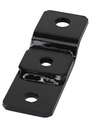 The AGCO Shield - Acw060219B is a robust black metal hinge featuring three precision-drilled holes, making it perfect for securely connecting two objects.