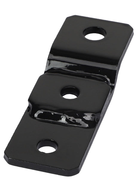 The AGCO Shield - Acw060219B is a robust black metal hinge featuring three precision-drilled holes, making it perfect for securely connecting two objects.