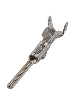 A close-up image of the AGCO Contact - F117551020060, a metallic electrical connector terminal featuring a pin-shaped end and two side clips. No current product description available.