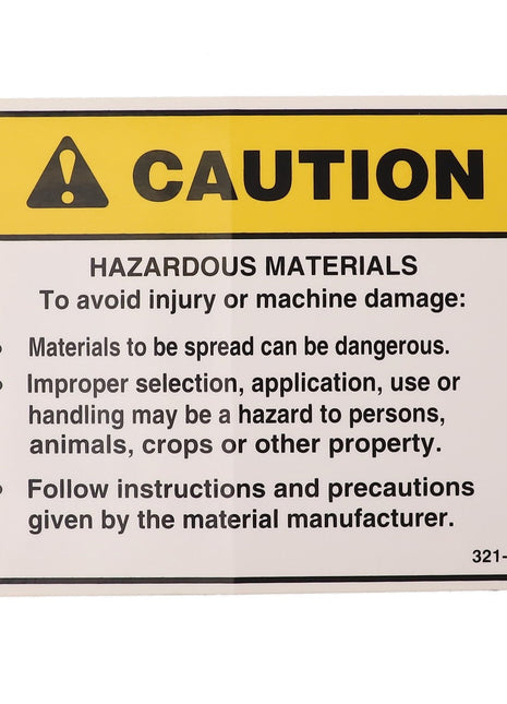 AGCO | DANGER DECAL - AG704074 is a caution sign warning about hazardous materials, indicating that materials can be dangerous if not used properly, may harm persons or property, and advising to follow the manufacturer's instructions. No current product description information is available.