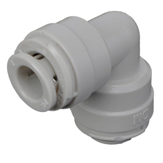 An AGCO elbow fitting, model AG516476, is a white plastic connector with push-fit fittings on both ends and the initials "DM" embossed on one side. No further product description information is available.