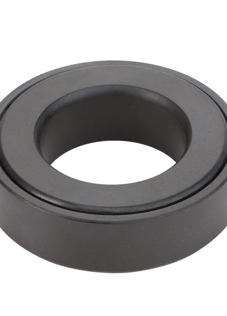 The AGCO Bearing Assy - Acp0290950 by AGCO is a sleek, round, black metal ring with a hollow center, evoking the look of a precision bearing race or a finely engineered mechanical component.