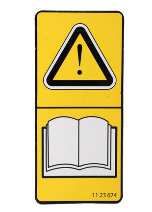 AGCO's DECAL - AL1123674 features a yellow caution sign with a black exclamation mark inside a triangle on top, accompanied by an open book icon below it.