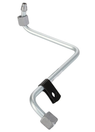 This is the AGCO | Coolant Line - F530200090240, a bent metal tube featuring connectors at both ends and a centrally attached black bracket.