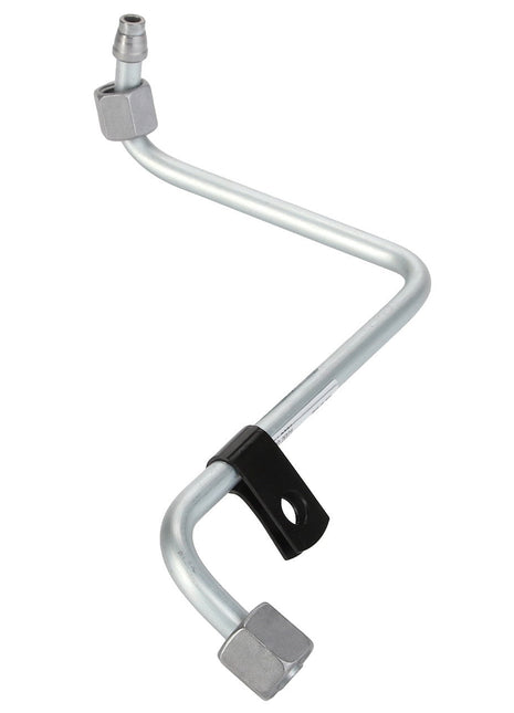 This is the AGCO | Coolant Line - F530200090240, a bent metal tube featuring connectors at both ends and a centrally attached black bracket.