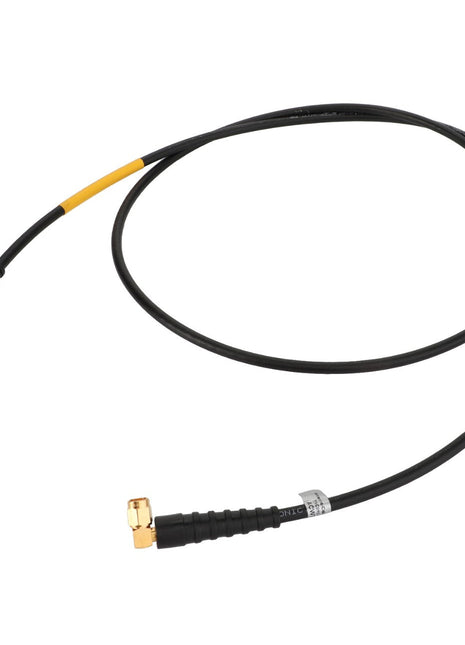 The AGCO Antenna Cable - Acw7595910 features a black coaxial cable with connectors at both ends: a straight connector on one end and a right-angle connector on the other. This AGCO Parts Genuine Electrics component ensures operating safety by using certified AGCO parts for reliable performance.