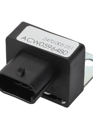 A close-up of a small, black electronic component labeled "AGCO | Sensor - ACW0596480." The component features a rectangular connector and a metal bracket for mounting. No current product description information available.