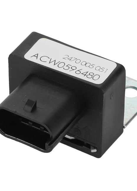 A close-up of a small, black electronic component labeled "AGCO | Sensor - ACW0596480." The component features a rectangular connector and a metal bracket for mounting. No current product description information available.