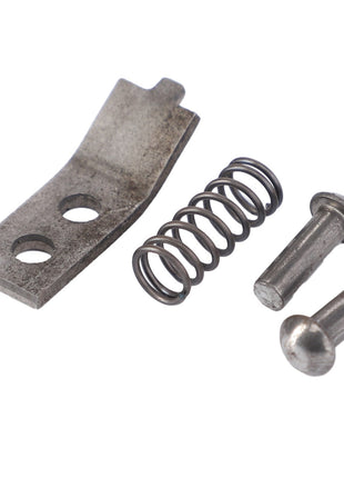 The AGCO Spring Retainer, Coupling Bolt Release Lever - F816500070100 consists of four metal components on a white background: a flat piece with two holes, a coiled spring, and two cylindrical pins with rounded ends.