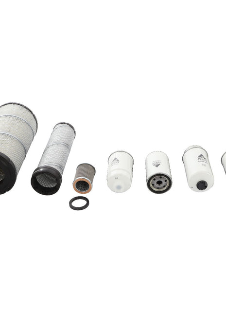 The AGCO Field Service Kit - Acp0210140, featuring various white cylindrical filters and gaskets in different sizes, is arranged in a row against a plain white background.