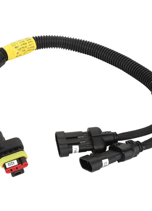 Product Description: AGCO | Harness - Acw3867140 is a coiled black wiring harness featuring a yellow label and three connectors, ending in two separate split paths.