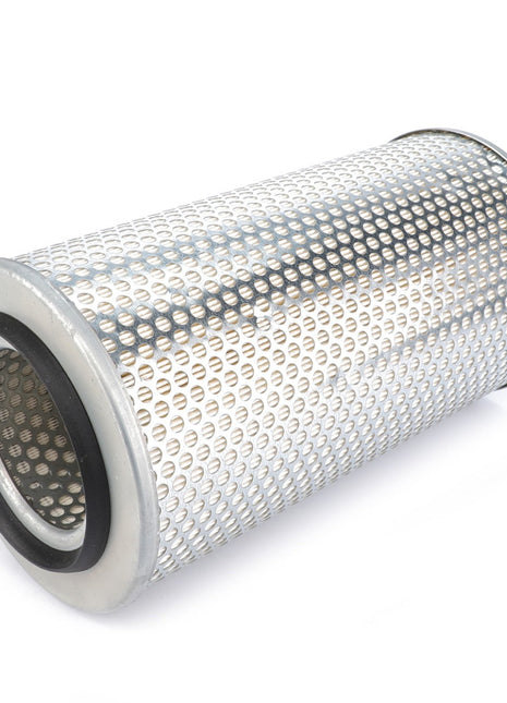 The AGCO Engine Air Filter - V836316408 features a cylindrical metal design with a perforated outer surface and rubber seals on both ends, providing superior engine protection and enhanced filtration efficiency.