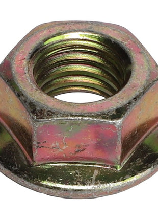 A close-up image of the AGCO | HEX FLANGE NUT - AG520628, featuring a threaded interior and a slightly weathered, metallic exterior, showcasing its industrial ruggedness.