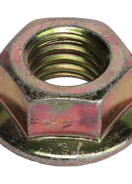 A close-up image of the AGCO | HEX FLANGE NUT - AG520628, featuring a threaded interior and a slightly weathered, metallic exterior, showcasing its industrial ruggedness.