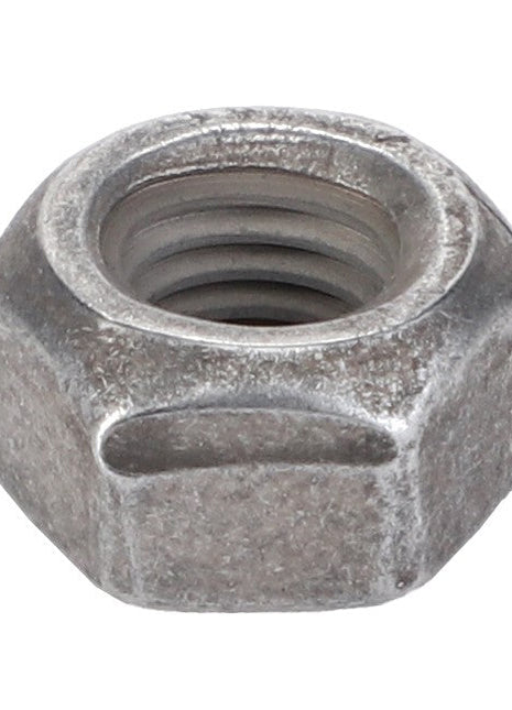 Close-up image of the AGCO Hex Top Locknut - Acp0705840, a metallic hex nut featuring an internal screw thread. This top locknut is designed for use with a bolt or threaded rod to fasten multiple parts together.