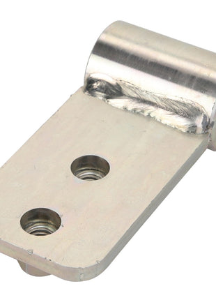 An AGCO Hinge - Acw8491220, a silver metal bracket featuring two screw holes and a cylindrical hinge attachment, shows weld marks near the hinge area. No further product description information is available at this time.