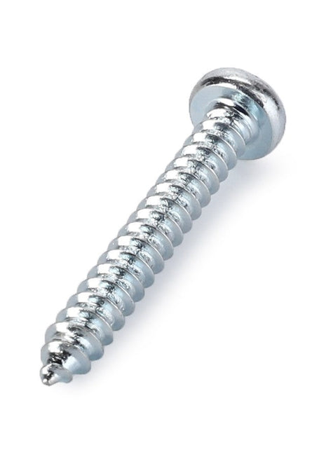 Close-up of a single AGCO screw (model D40743000) in silver metal with a round head and threaded shaft on a plain white background.