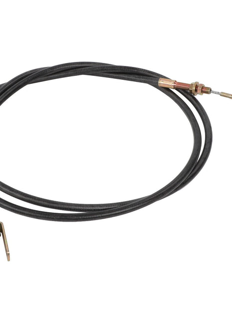 The AGCO HAND BRAKE CABLE - ACY1563640 is a black cable featuring metallic connectors at both ends, commonly utilized for mechanical linkage or control mechanisms.