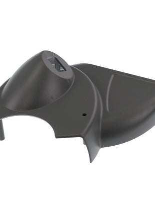 Introducing the AGCO LEFT HAND COVER - D28982405, a black plastic replacement part designed with a contoured shape and two slots for mounting or attachment. This durable component from AGCO ensures compatibility and performance for your specific equipment needs.