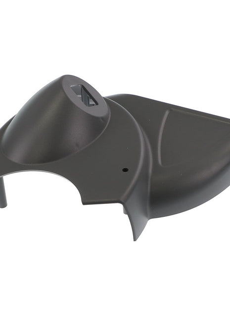 Introducing the AGCO LEFT HAND COVER - D28982405, a black plastic replacement part designed with a contoured shape and two slots for mounting or attachment. This durable component from AGCO ensures compatibility and performance for your specific equipment needs.
