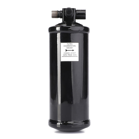 A black cylindrical filter drier labeled with product information, compatible with Massey Ferguson Models including MF 7345 S, used in HVAC systems. This is the AGCO Air Conditioning Receiver Drier - La322801050 by AGCO.