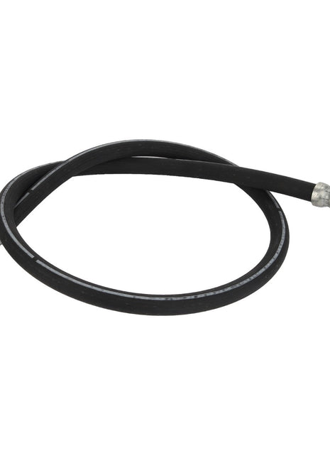 The AGCO Brake Hose - Acw1742930 is a flexible black hose with metal fittings on both ends, coiled in an arc.