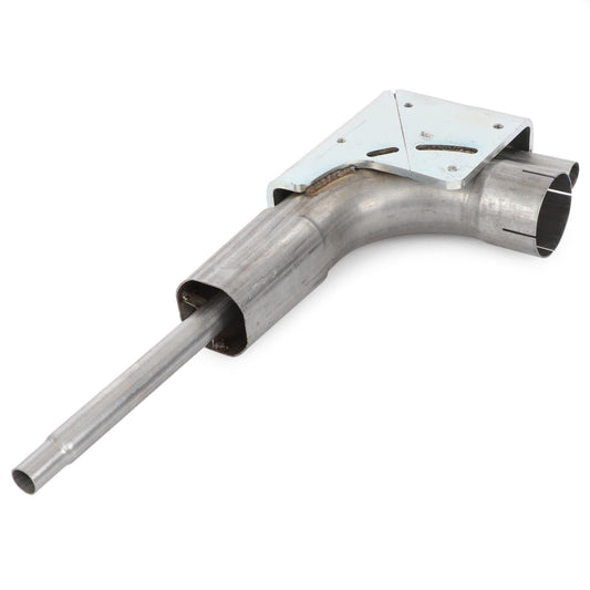 AGCO | Tube - 4271501M2: A metallic exhaust pipe with an L-shaped bend and mounting bracket, compatible with Massey Ferguson Models.