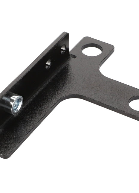 The AGCO | Bracket - 4389057M1 is a black metal bracket featuring three holes and a cylindrical spacer attached. No additional product description is available at this time.