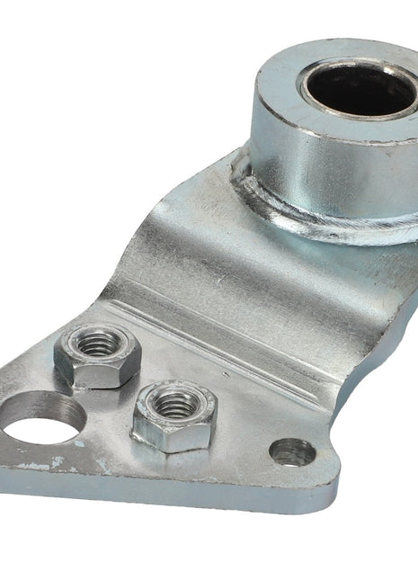 Introducing the AGCO Lever - Acp0671790, a metal automotive component featuring a cylindrical bearing and two threaded holes for bolts.