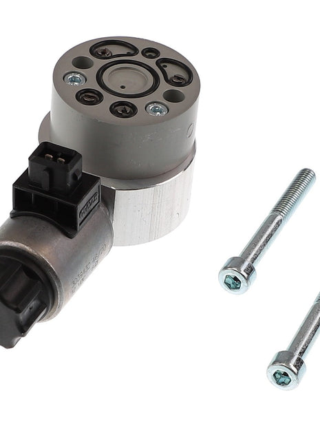 Close-up of the AGCO | SERVO - AL10550265 mechanical component, featuring an electronic connector and two bolts placed beside it. No current product description information is available.