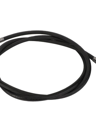 The AGCO | Hydraulic Hose - Fel152135, a coiled black hose with metal fittings on both ends, is essential for efficiently transferring fluid in sophisticated hydraulic systems.