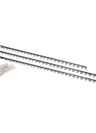 Two rows of AGCO KIT, KNIFE - D28286574 black metal garden edging with triangular teeth are displayed on a white background, along with a packet of screws and anchors from the AGCO brand. No current product description information is available.