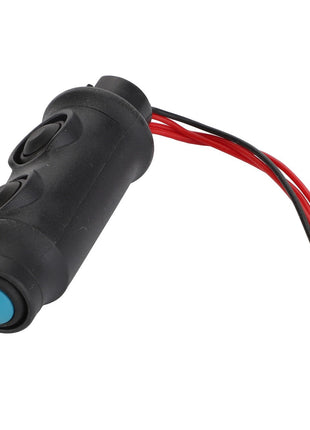 This image shows the AGCO | SWITCH - AL4500362, a black electrical component featuring two black buttons and a blue button. It is connected to a set of red, black, and white wires that terminate in a white connector.