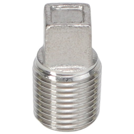 Close-up of an AGCO silver, threaded, square-head pipe plug (Product Name: AGCO | PLUG - AG051916), commonly used to seal the end of a pipe. For more details or assistance, contact our support team.