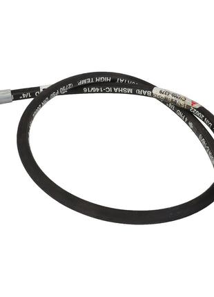 The AGCO HOSE ASSY - CH200-4379 is a black flexible hose with metal fittings on both ends, coiled in a loop. The hose features white markings and text along its length indicating specifications. No current product description information is available.