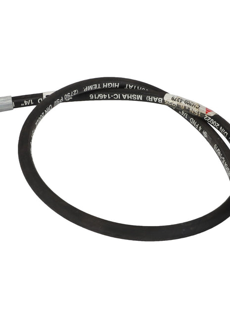 The AGCO HOSE ASSY - CH200-4379 is a black flexible hose with metal fittings on both ends, coiled in a loop. The hose features white markings and text along its length indicating specifications. No current product description information is available.