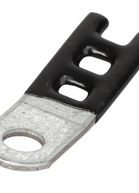 The AGCO LADDER CLIP - CH4P-7581 is a metallic lug connector with a black casing, featuring a round hole on one end and two rectangular slots on the opposite end.