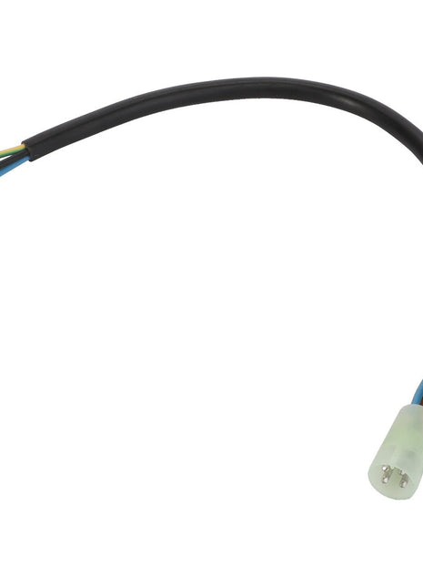 The AGCO | Harness - La322080600 is a black electrical cable that has a three-pin connector at one end and three exposed wires (black, yellow-green, and blue) at the other. The cable also features a white label near the connector.