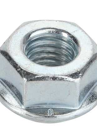 Close-up image of the AGCO Nut - Acp0281330, a metallic hex nut with a threaded circular hole, designed for fastening onto a bolt.